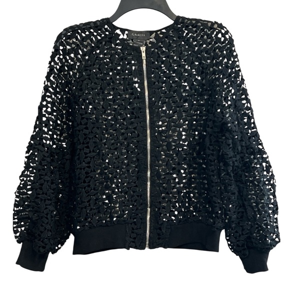 GRACIA Lace Bomber Jacket, Front Zip, Women’s, Color Black, Size Medium - Picture 2 of 10